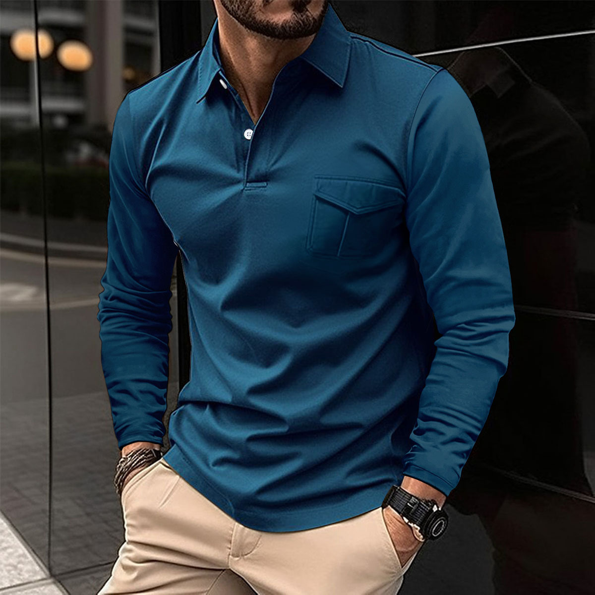 Men's Casual Lapel Polo Long Sleeve Shirt-retrostrom