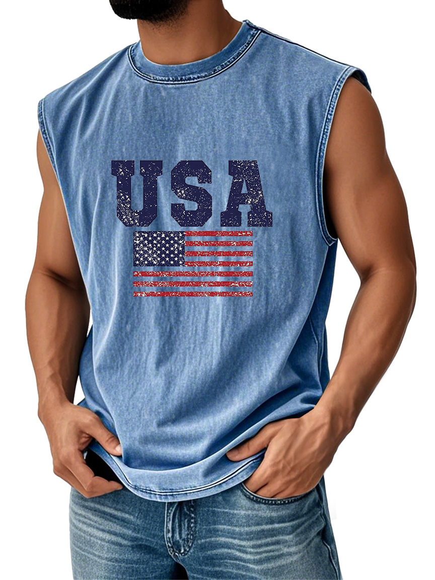 Men's Everyday Vintage American Independence Day Flag Printed Crew Neck Sleeveless Tank Top-retrostrom