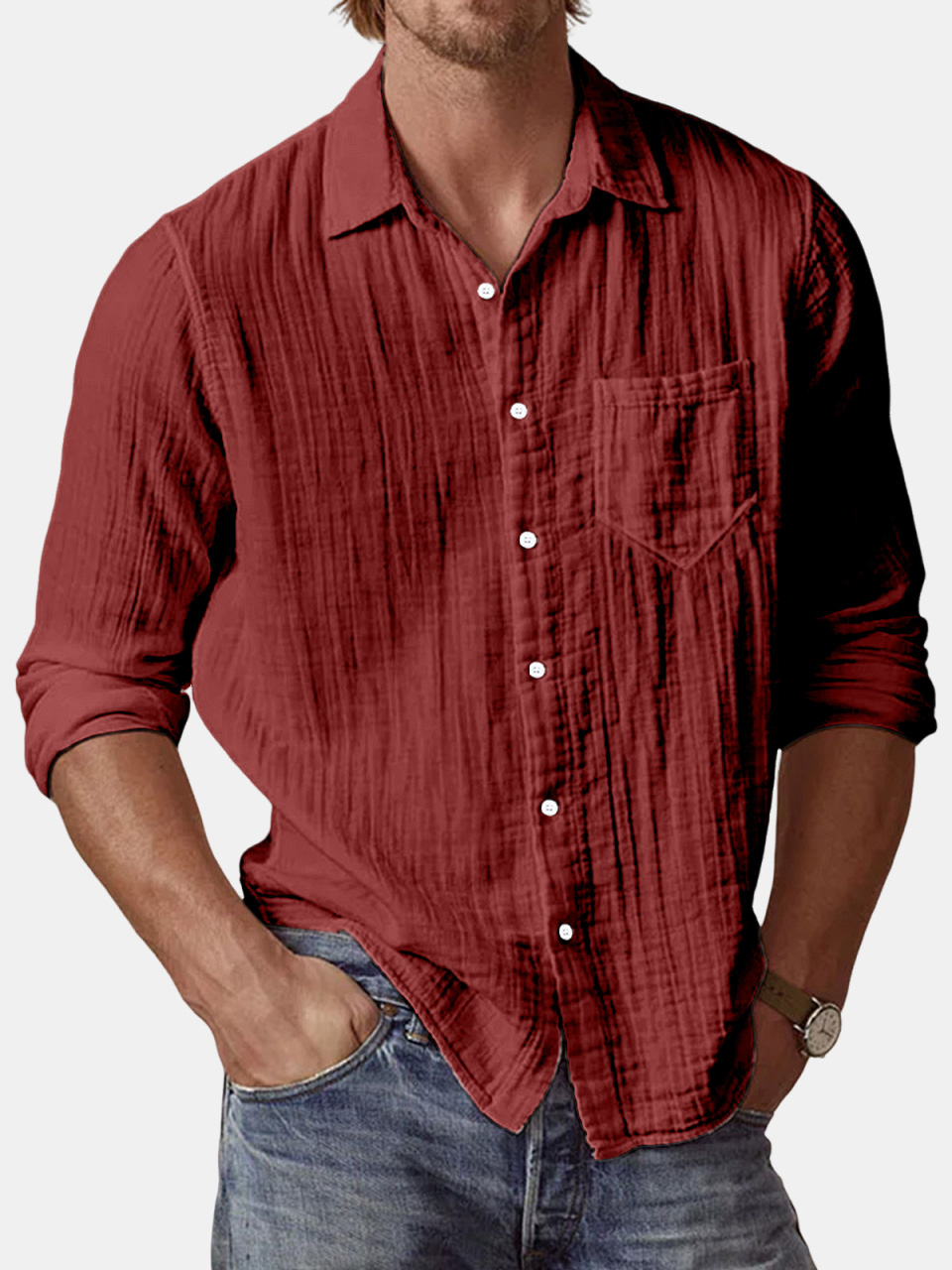 Men's Casual Textured Solid Color Comfortable Puff Wrinkle Long Sleeve Shirt-retrostrom