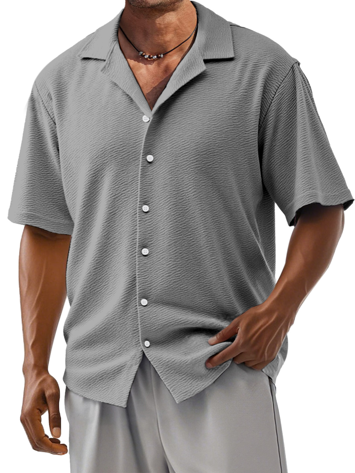 Men's Loose Solid Color Comfortable Texture Short-Sleeved Cuban Collar Shirt-retrostrom