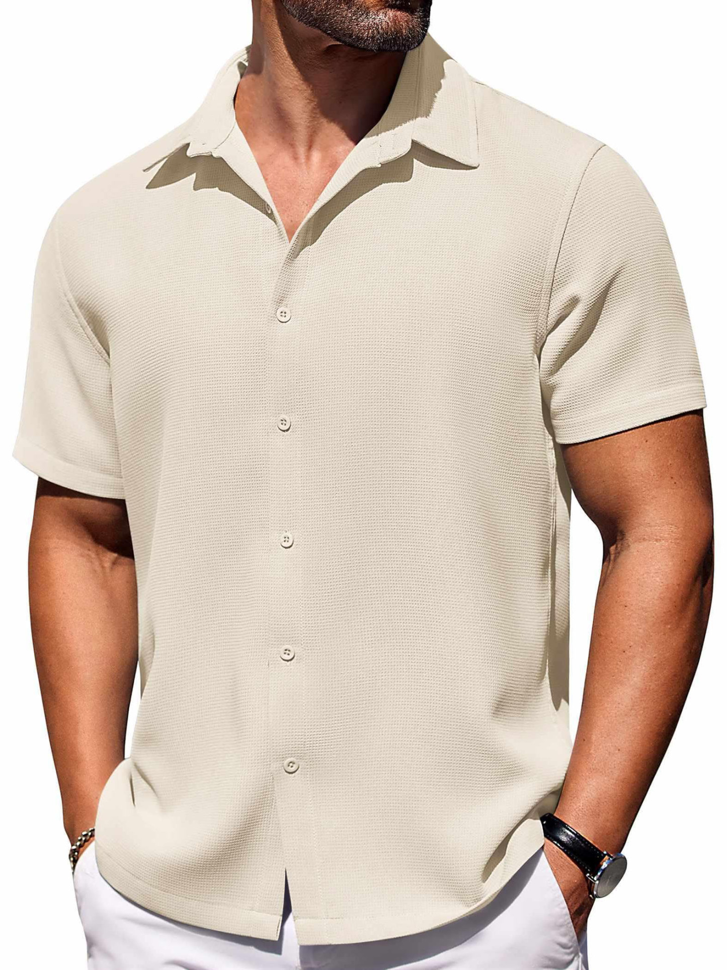 Men's Hawaiian Waffle Fabric Lapel Short Sleeve Shirt-retrostrom
