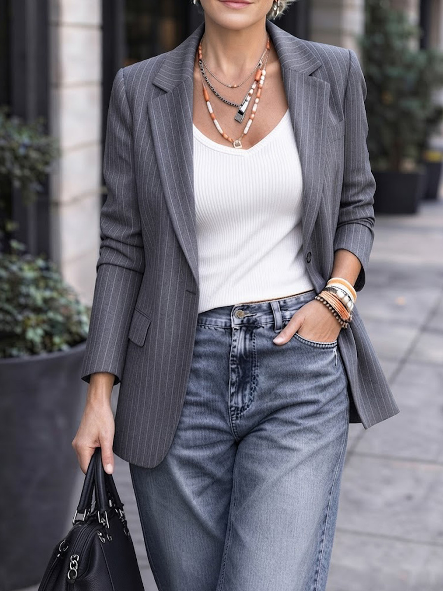 New Arrivals 🔥 Women’s Pinstripe Notched Lapel Long Blazer Jacket