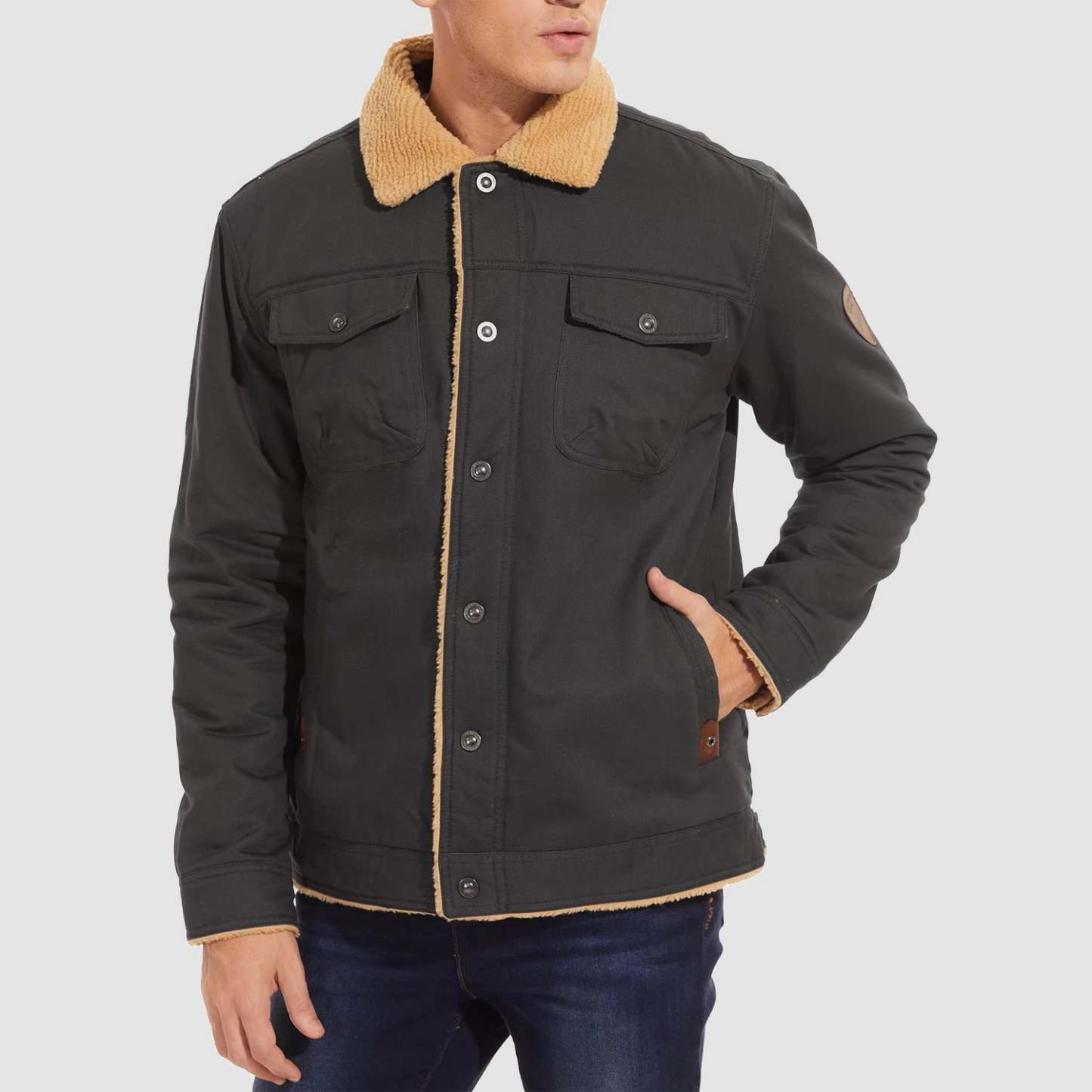 Men's Sherpa Trucker Jacket 5 Pockets Cotton Cargo Jacket Turn-down Collar Winter Coats-retrostrom