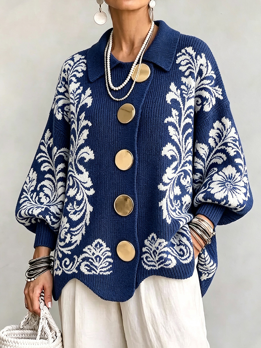 New Arrival🔥 Lapel Collar Printed Knit Cardigan with Large Metal Buttons-retrostrom