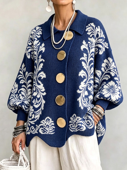 New Arrival🔥 Lapel Collar Printed Knit Cardigan with Large Metal Buttons-retrostrom