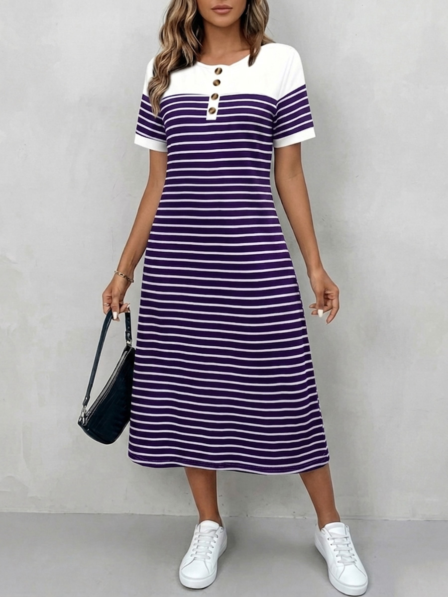Cozy Round Neck Striped Cotton Shirt Dress-retrostrom