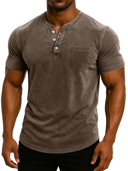 Men's Retro Stand Collar Casual Pocket Solid Color Slim Fit Short Sleeve Henley Shirt-retrostrom