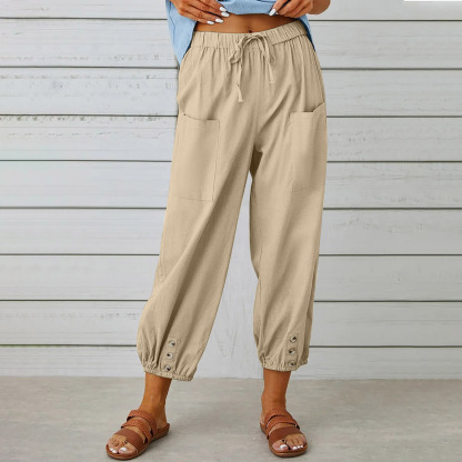Women's pants High-waisted buttoned cotton hemp pants nine-point pants wide-legged-retrostrom