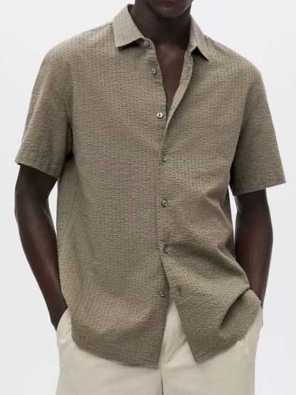 Men's Textured Seersucker Casual Vacation Lapel Short Sleeve Shirt-retrostrom