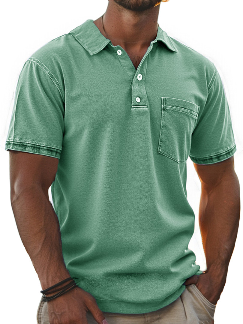 Men's Stylish Retro Pure Cotton Distressed Fabric Pocket Lapel Polo Shirt-retrostrom