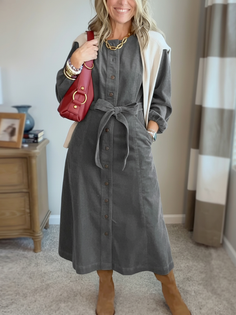 New Arrival🔥 Corduroy Shirt Dress with Tie Belt-retrostrom