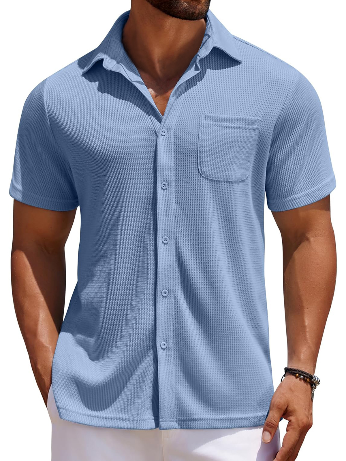 Men's Everyday Waffle Casual Pocket Solid Color Short Sleeve Shirt-retrostrom
