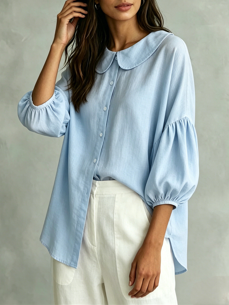 Cotton-Linen Shirt with Bell Sleeves and Peter Pan Collar