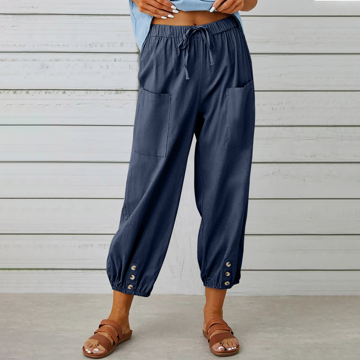 Women's pants High-waisted buttoned cotton hemp pants nine-point pants wide-legged-retrostrom