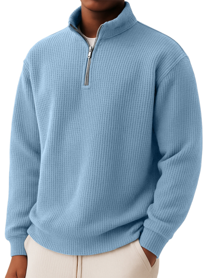Men's Casual Simple Waffle Quarter Zip Long Sleeved T-shirt.-retrostrom