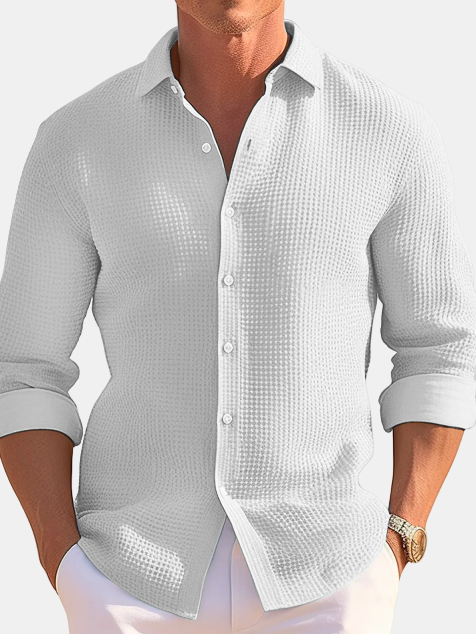 Men's Casual Loose Solid Color Waffle Long Sleeve Shirt-retrostrom