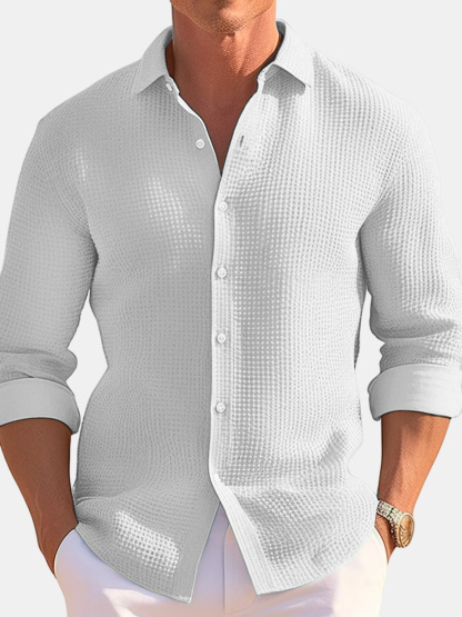 Men's Casual Loose Solid Color Waffle Long Sleeve Shirt-retrostrom