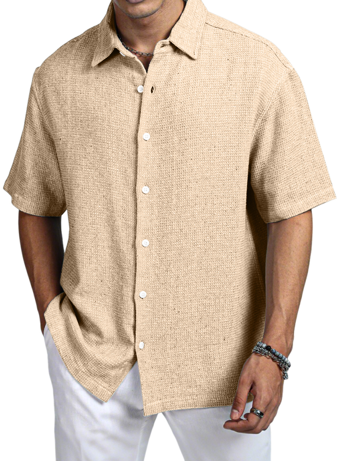 Men's Casual Daily Solid Color Texture Short-sleeved Shirt-retrostrom