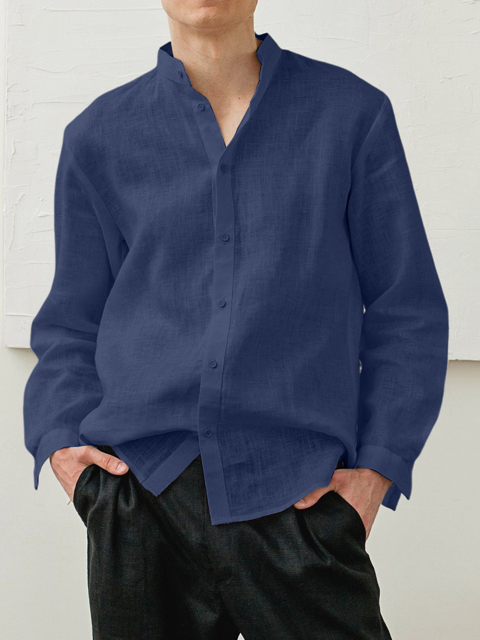 Men's Cotton And Linen Classic Casual Stand-up Collar Long-sleeved Shirt-retrostrom