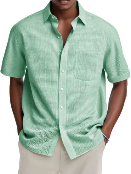 Men's Fashion Casual Retro Waffle Fabric Pocket Short-sleeved Shirt-retrostrom