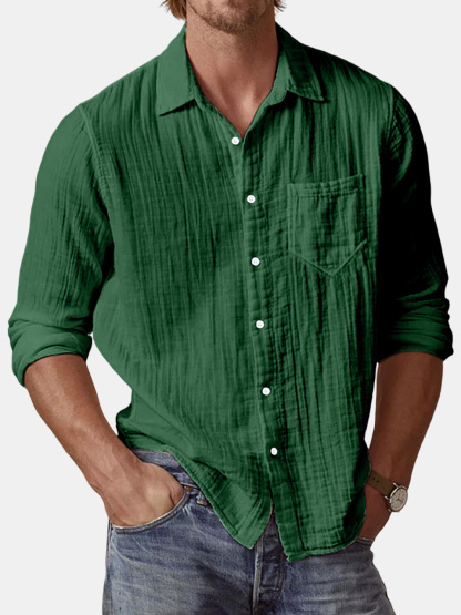 Men's Casual Textured Solid Color Comfortable Puff Wrinkle Long Sleeve Shirt-retrostrom
