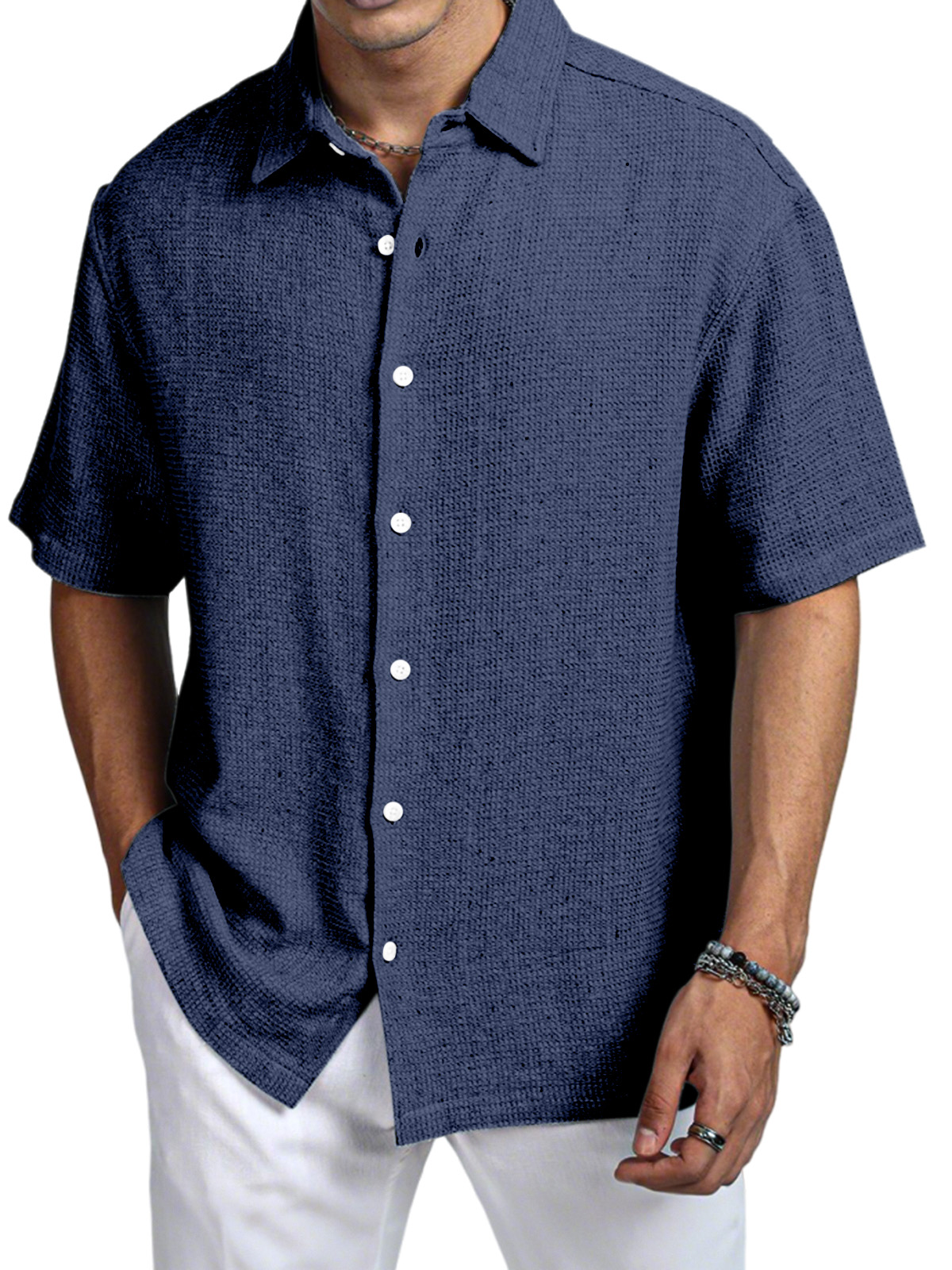 Men's Casual Daily Solid Color Texture Short-sleeved Shirt-retrostrom