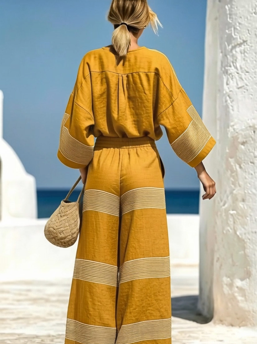 Asymmetrical Print Cotton-Linen Crew-Neck Set-retrostrom