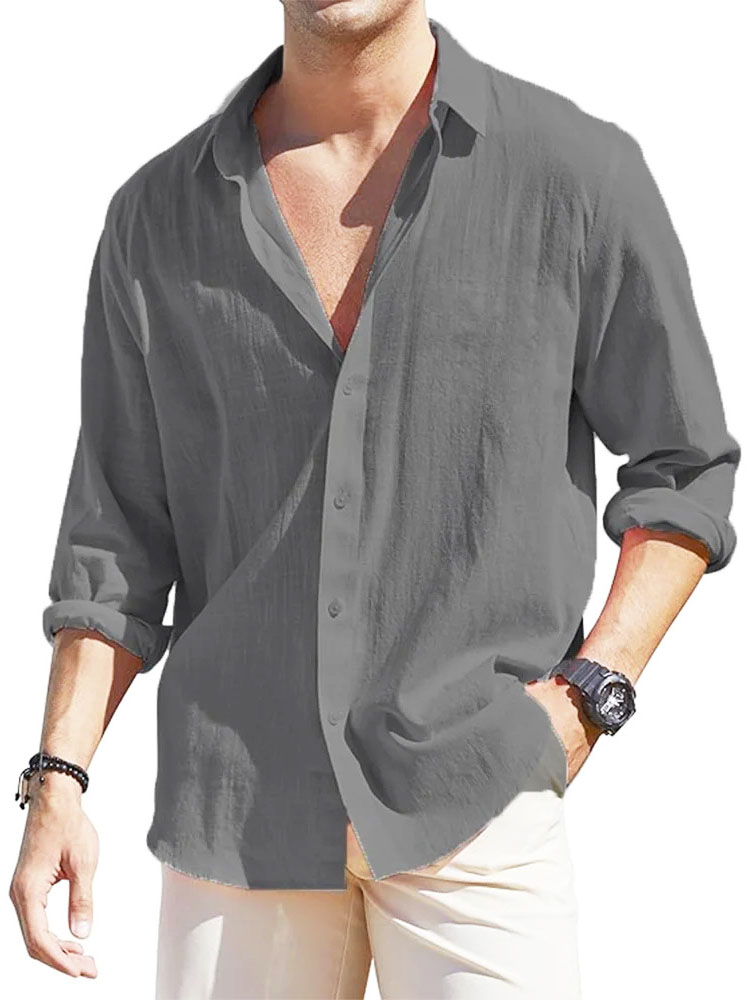 Men's Casual Loose Basic Cotton And Linen Long-sleeved Shirt-retrostrom