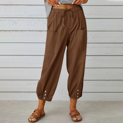 Women's pants High-waisted buttoned cotton hemp pants nine-point pants wide-legged-retrostrom
