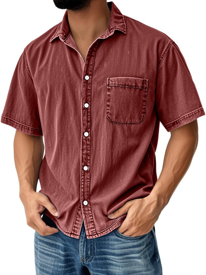 Men's Retro Casual Lapel Pocket Solid Color Short Sleeve Shirt-retrostrom