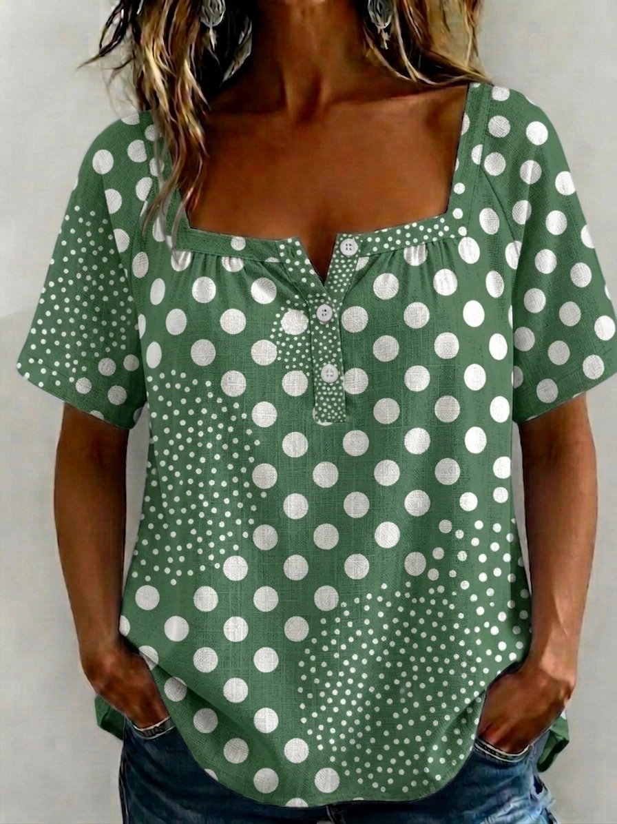 Fashion Square-Neck Polka Dot Print Cotton-Linen Shirt-retrostrom