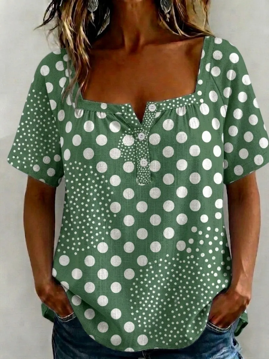 Fashion Square-Neck Polka Dot Print Cotton-Linen Shirt-retrostrom