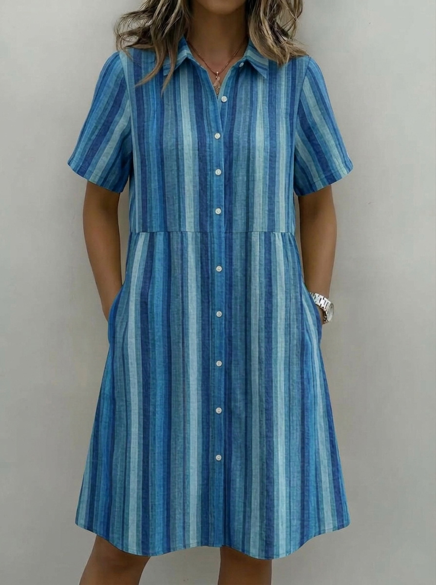 Cozy Fashion Lapel Striped Cotton-Linen Shirt Dress-retrostrom