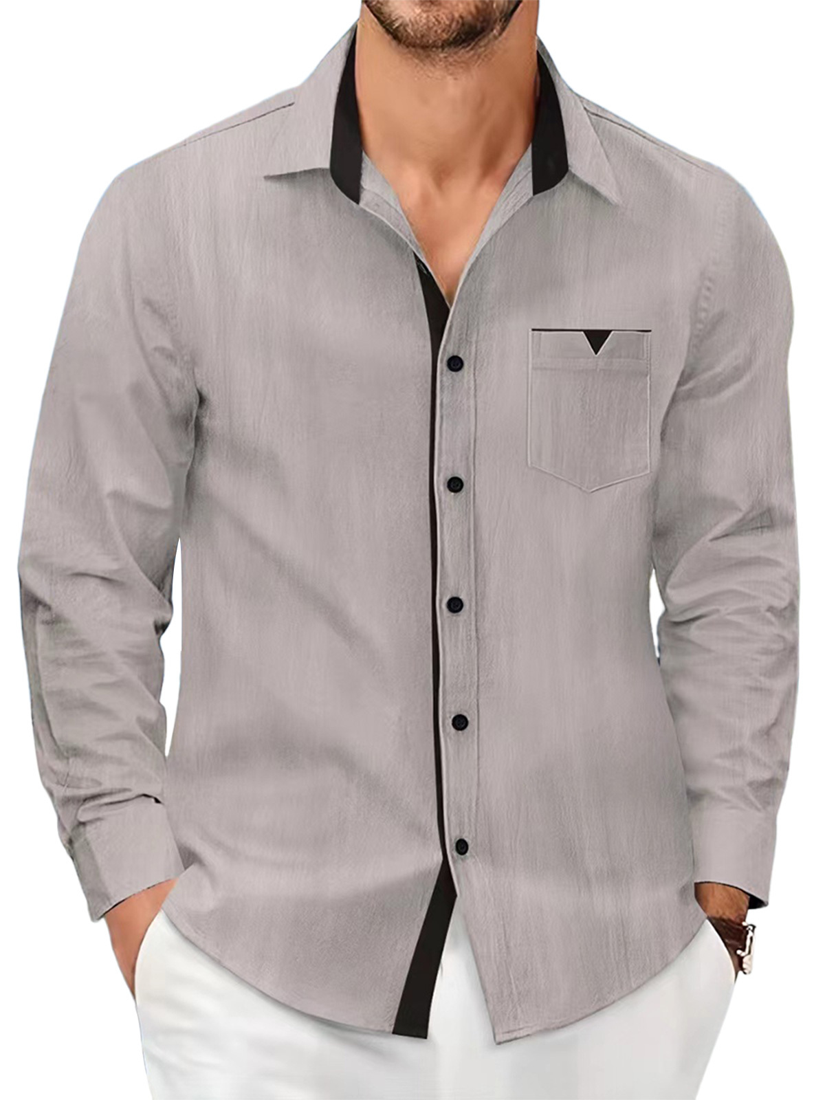 Men's cotton and linen solid color casual pocket contrast lapel long-sleeved shirt-retrostrom