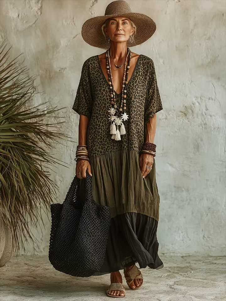 Casual Leopard Print Patchwork Chiffon and Cotton Dress-retrostrom