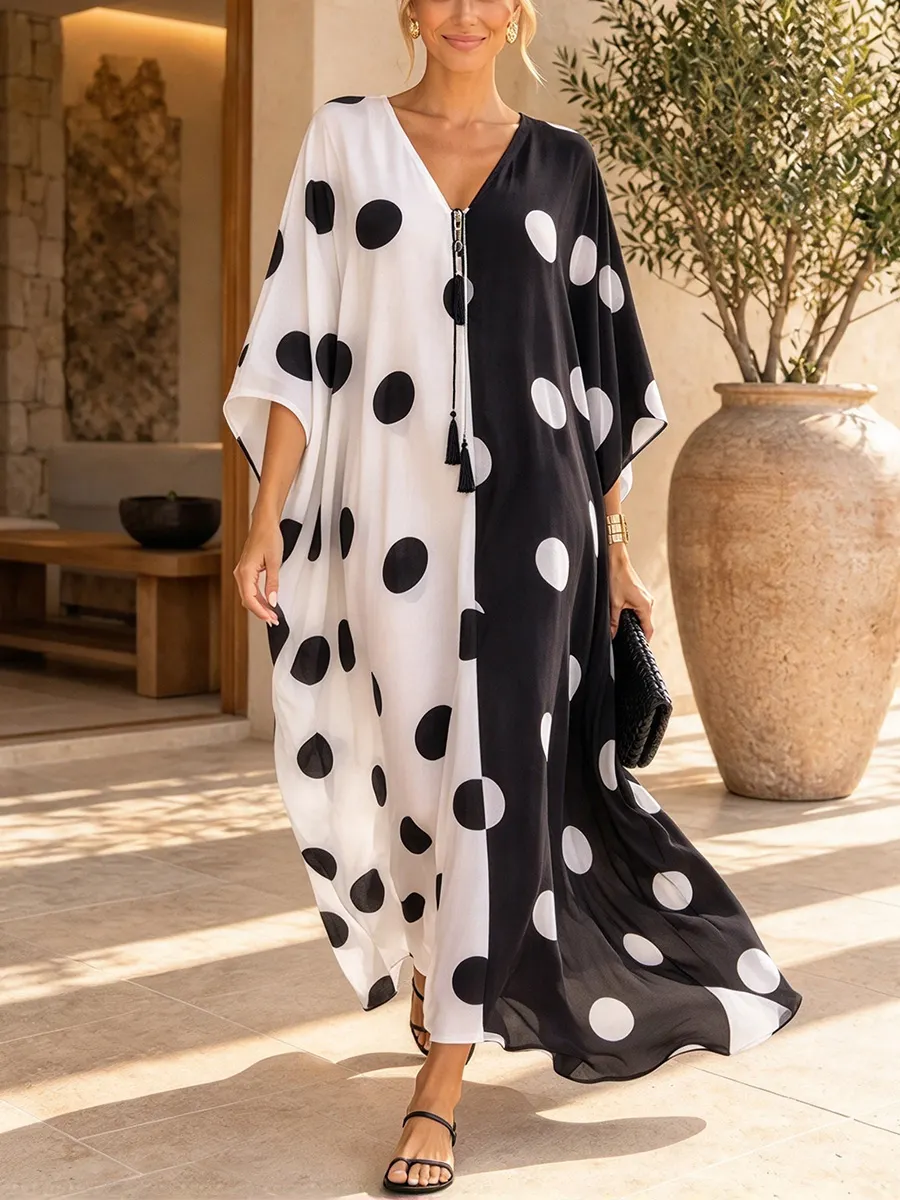Black White Contrast Polka Dot Kaftan Maxi Dress