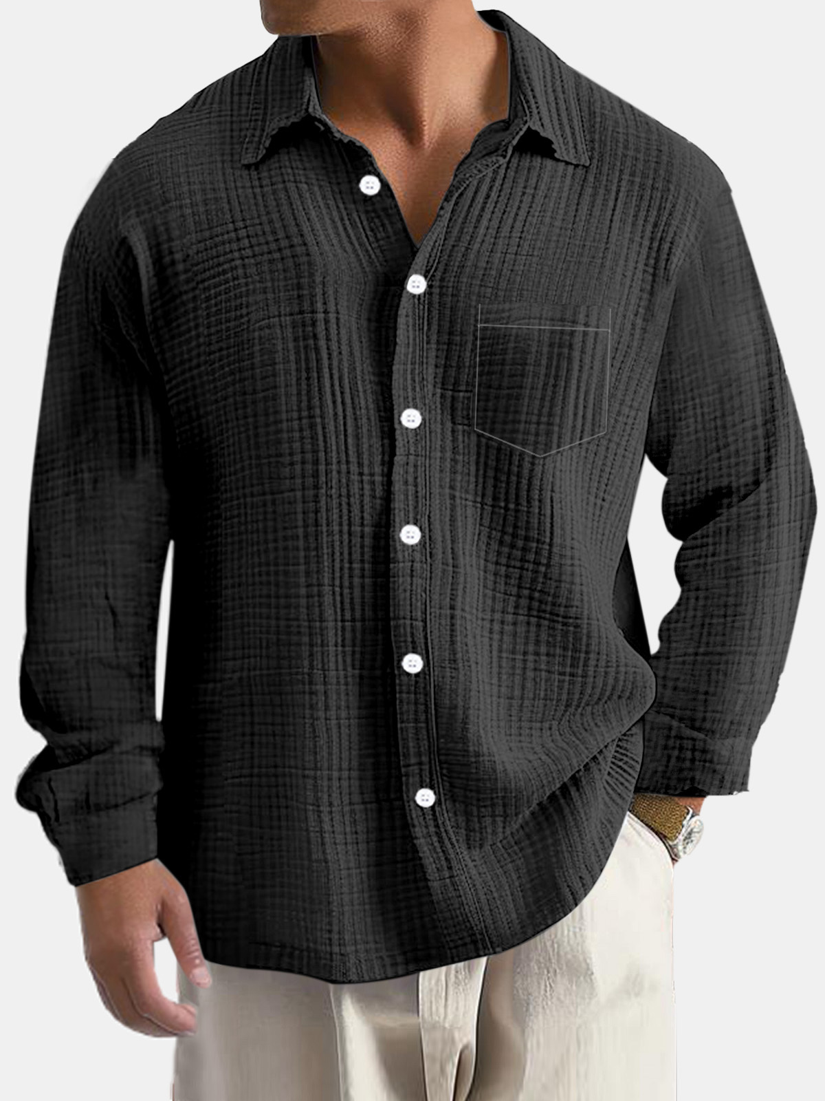 Men's Casual Everyday Puff Wrinkle Pocket Long Sleeve Shirt-retrostrom