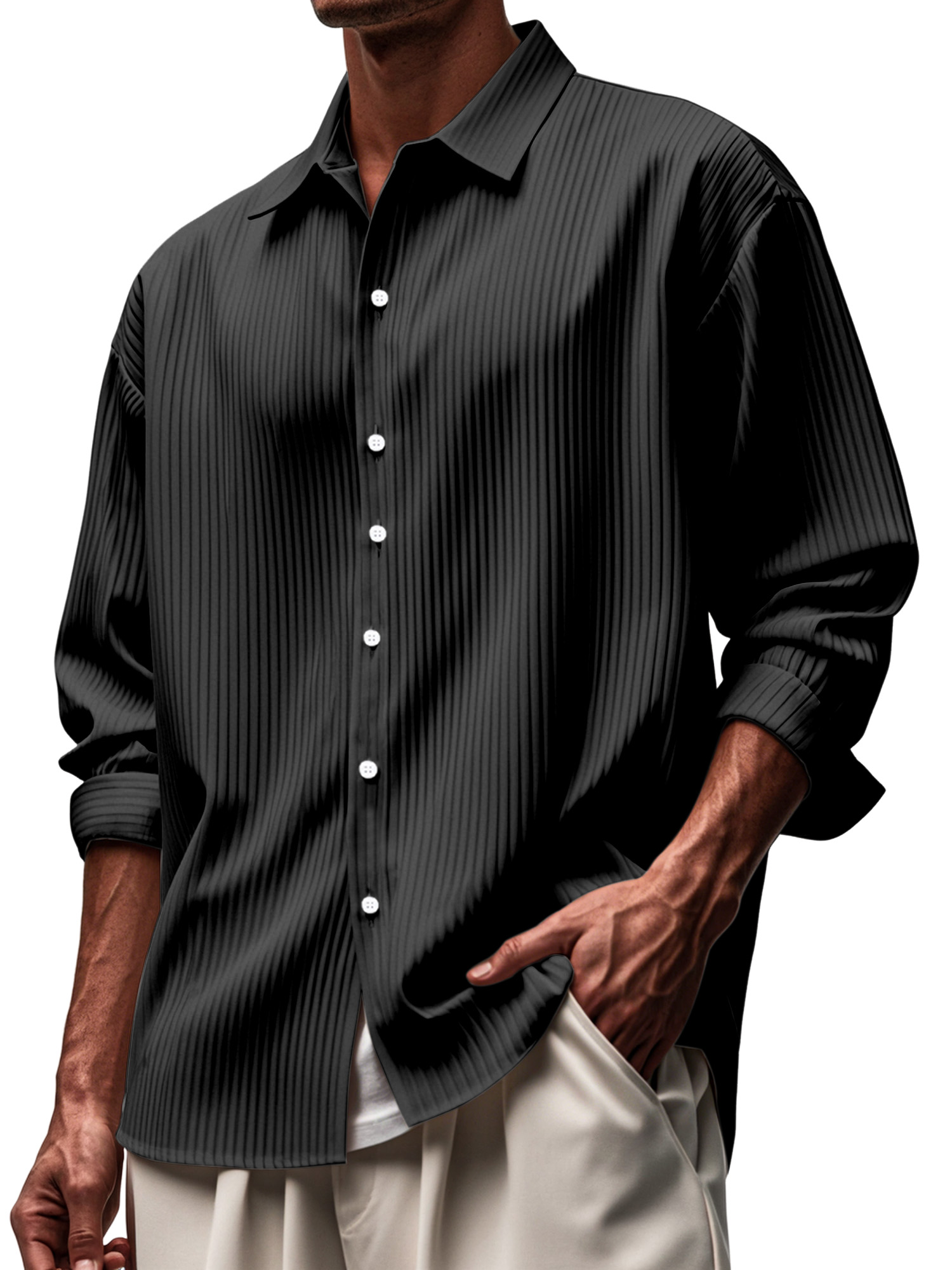Men's Everyday Solid Color Pitted Lapel Button-down Long-sleeved Shirt-retrostrom