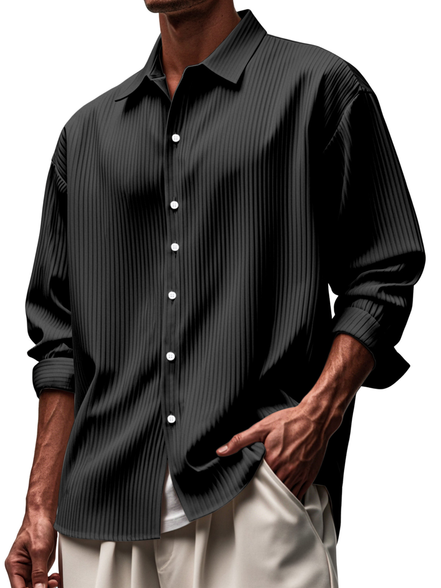 Men's Everyday Solid Color Pitted Lapel Button-down Long-sleeved Shirt-retrostrom
