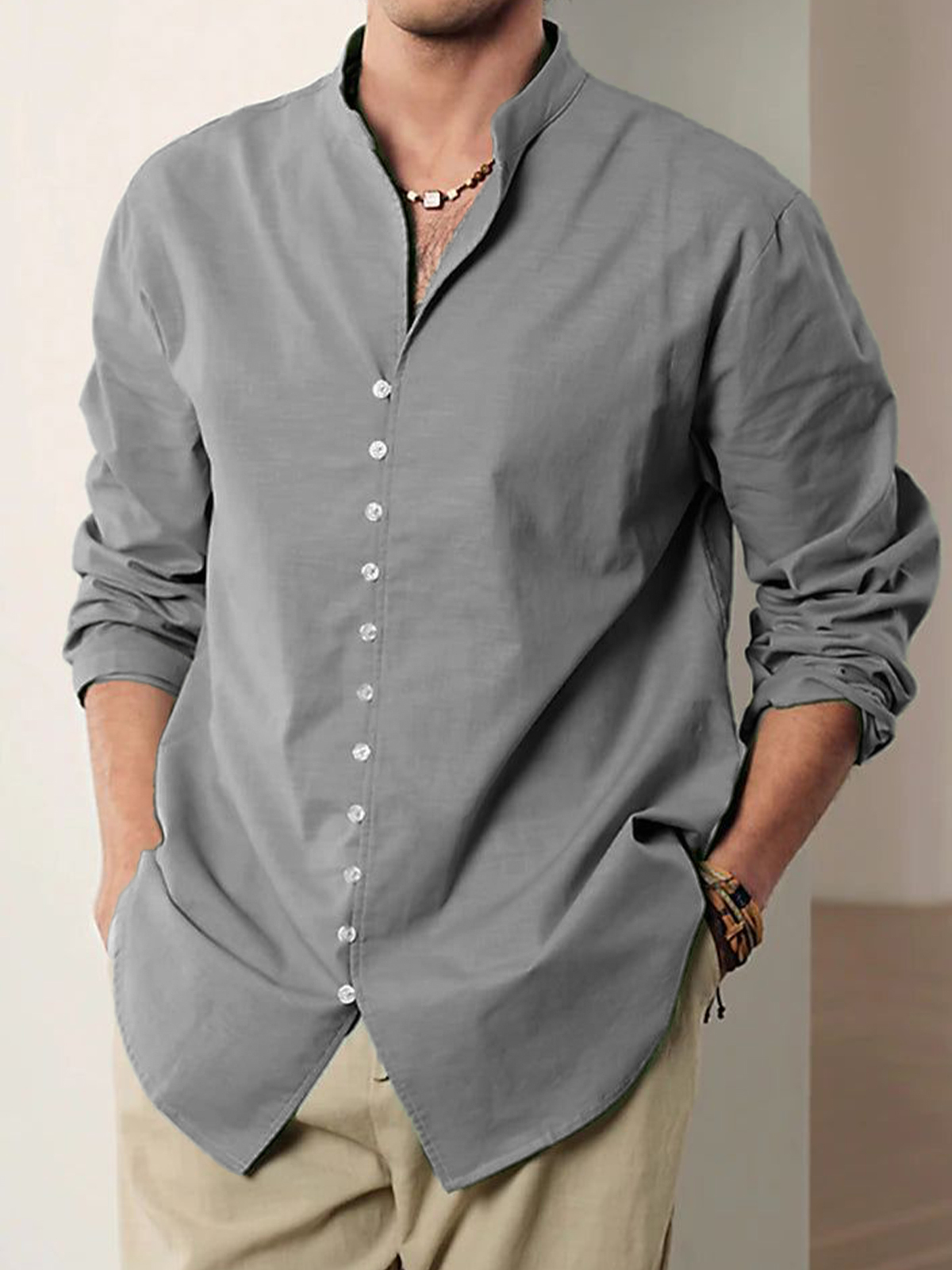 Men's Vintage Multi-Button Cotton Vacation Casual Loose Stand Collar Long Sleeve Shirt-retrostrom