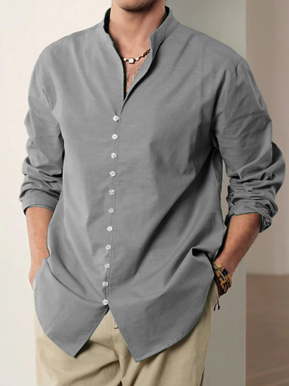 Men's Vintage Multi-Button Cotton Vacation Casual Loose Stand Collar Long Sleeve Shirt-retrostrom