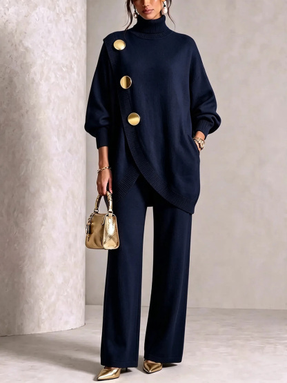 ⏰ LAST DAY SAVE 49% 💥 Gold-Button Asymmetric Knit Lounge Set-retrostrom