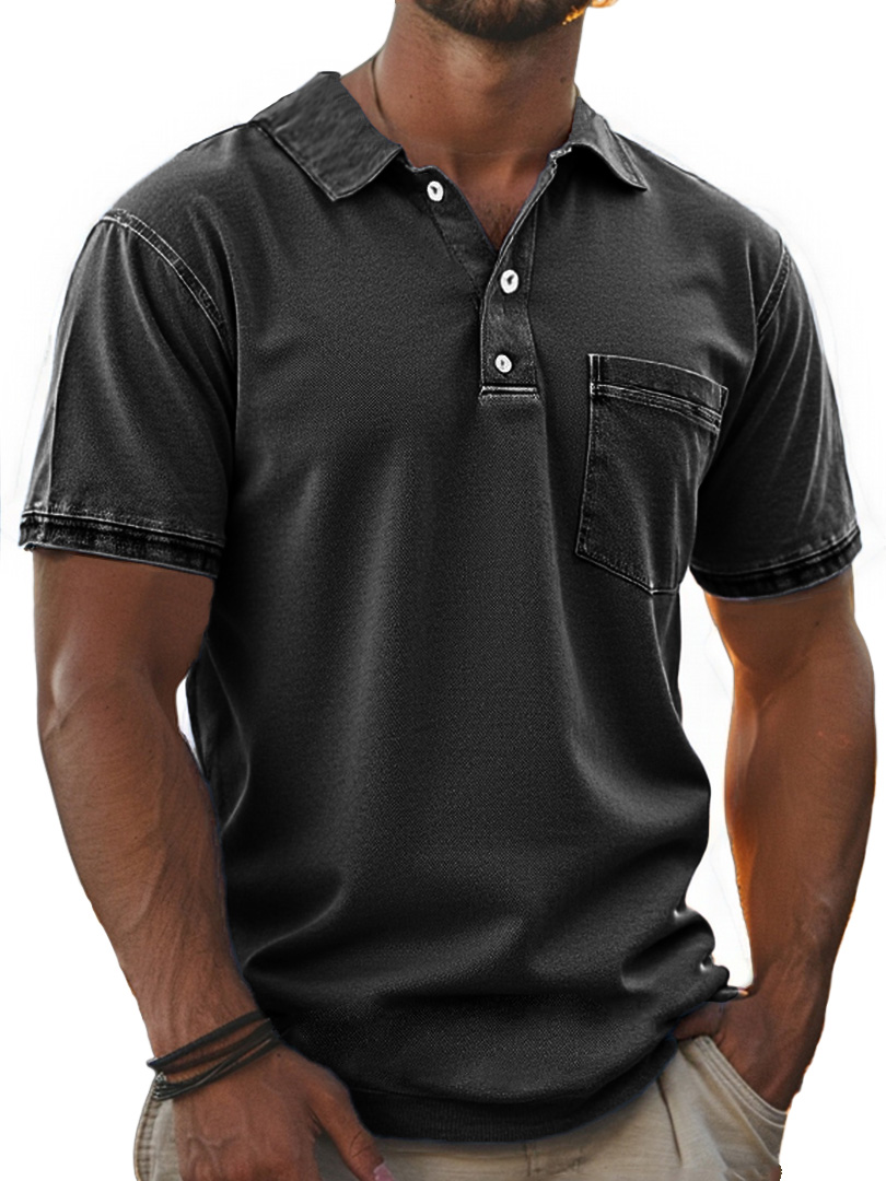 Men's Stylish Retro Pure Cotton Distressed Fabric Pocket Lapel Polo Shirt-retrostrom