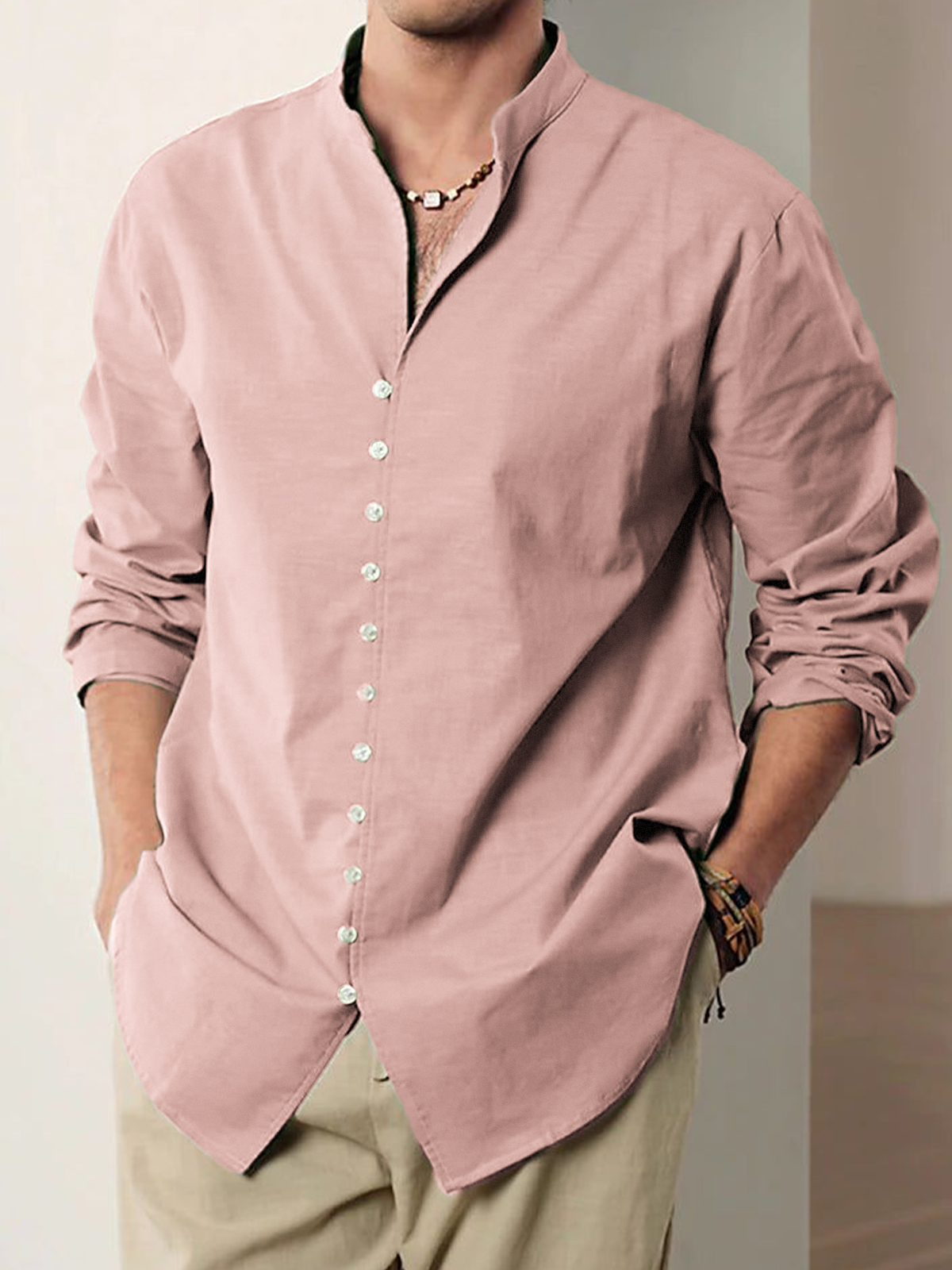 Men's Vintage Multi-Button Cotton Vacation Casual Loose Stand Collar Long Sleeve Shirt-retrostrom