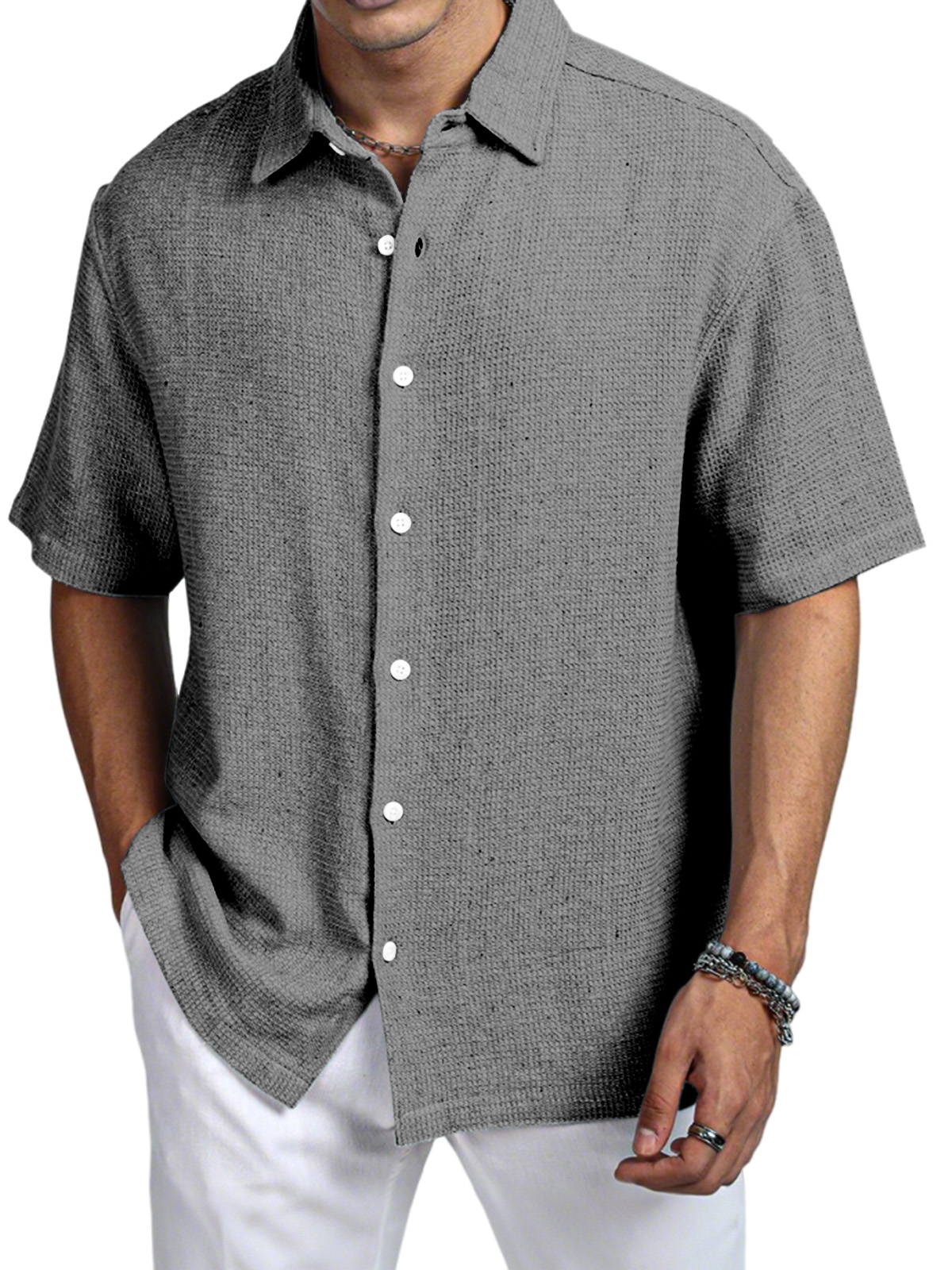 Men's Casual Daily Solid Color Texture Short-sleeved Shirt-retrostrom