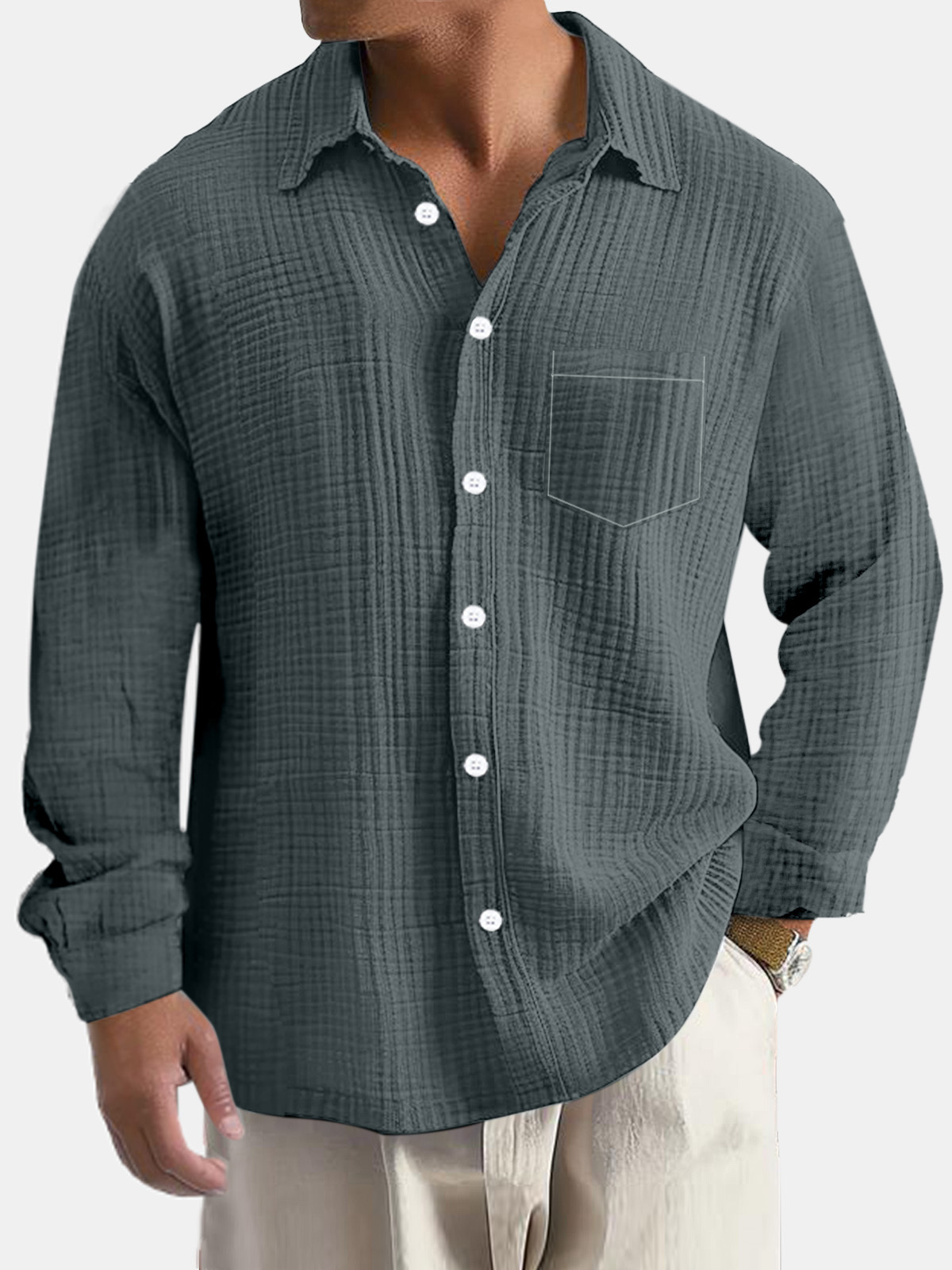 Men's Casual Everyday Puff Wrinkle Pocket Long Sleeve Shirt-retrostrom