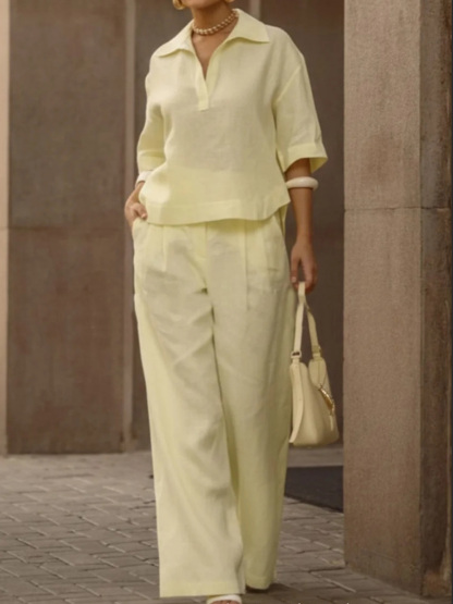 🎁New Arrivals🔥Solid Color Cotton And Linen Half Sleeves Lapel Blouses High Waisted Pants Two Pieces Set