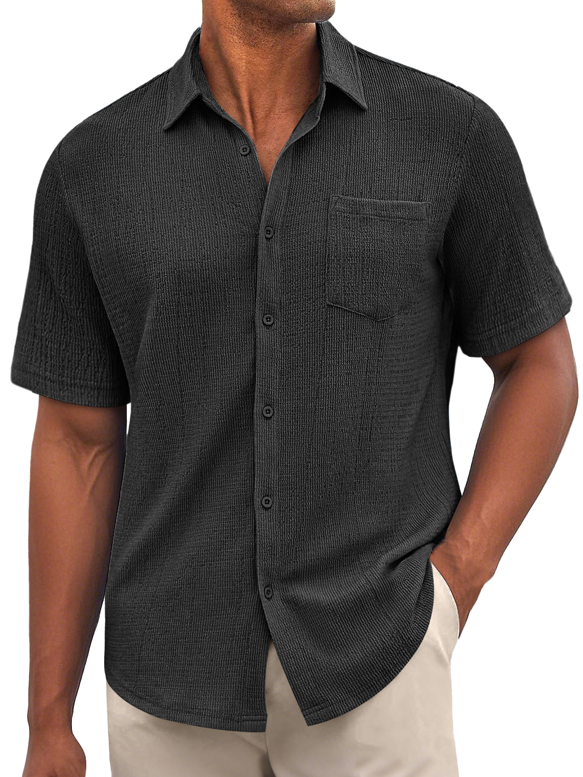 Men's Daily Bubble Wrinkle Casual Pocket Solid Color Short Sleeve Shirt-retrostrom