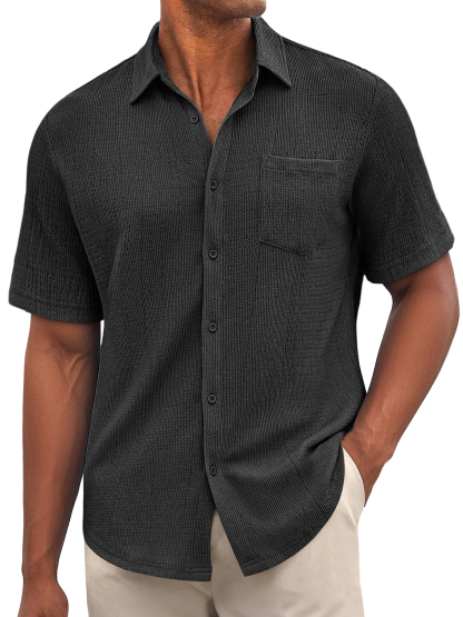 Men's Daily Bubble Wrinkle Casual Pocket Solid Color Short Sleeve Shirt-retrostrom