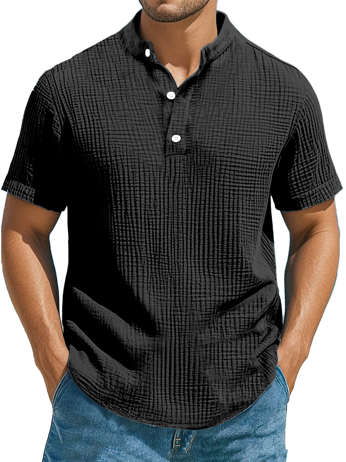 Men's Casual Solid Color Pleated Texture Short-sleeved Stand Collar Henley Shirt-retrostrom